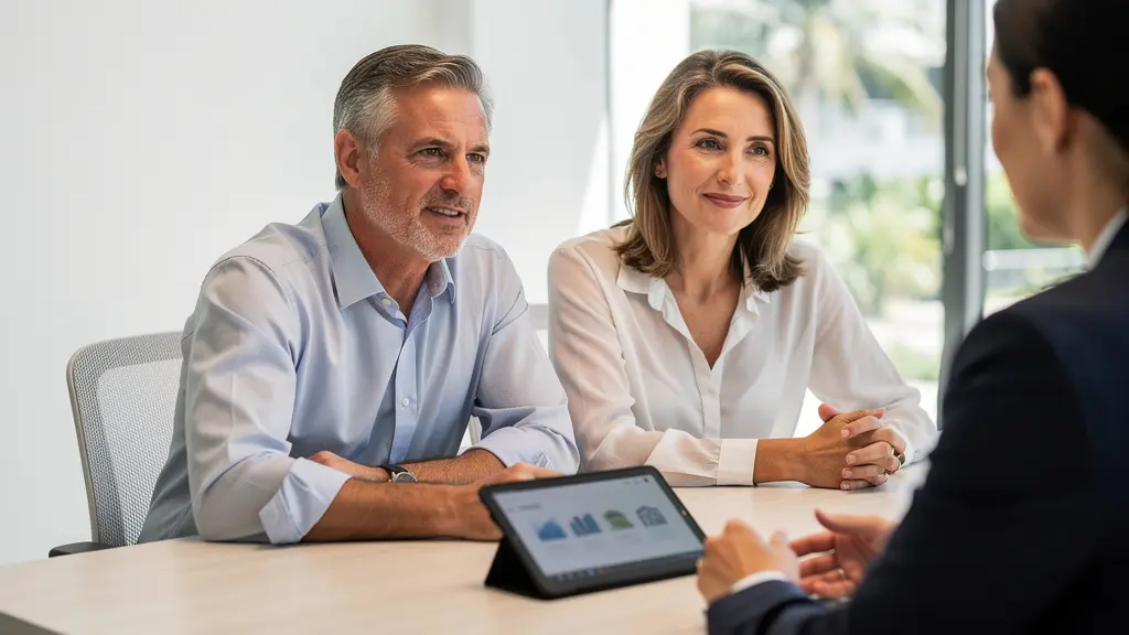 Couple européen consultant un agent immobilier dans un bureau moderne de Miami