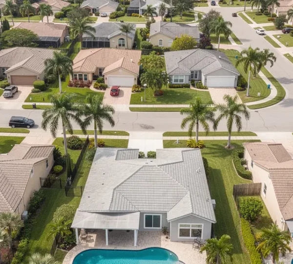 Vue aérienne quartier résidentiel Floride avec piscines et palmiers typiques Orlando