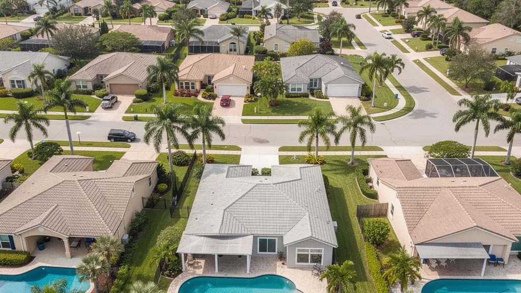 Vue aérienne quartier résidentiel Floride avec piscines et palmiers typiques Orlando